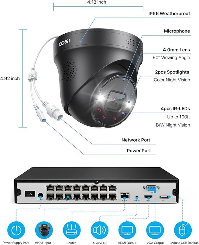 ZOSI 16CH 4K PoE Security Camera System with 4TB HDD,8pcs 8MP 4K PoE Cameras Outdoor Indoor,Person Vehicle Detection,Two-Way Talk,Spotlight Siren Alarm,Color Night Vision,8MP NVR for 24/7 Recording ZOSI