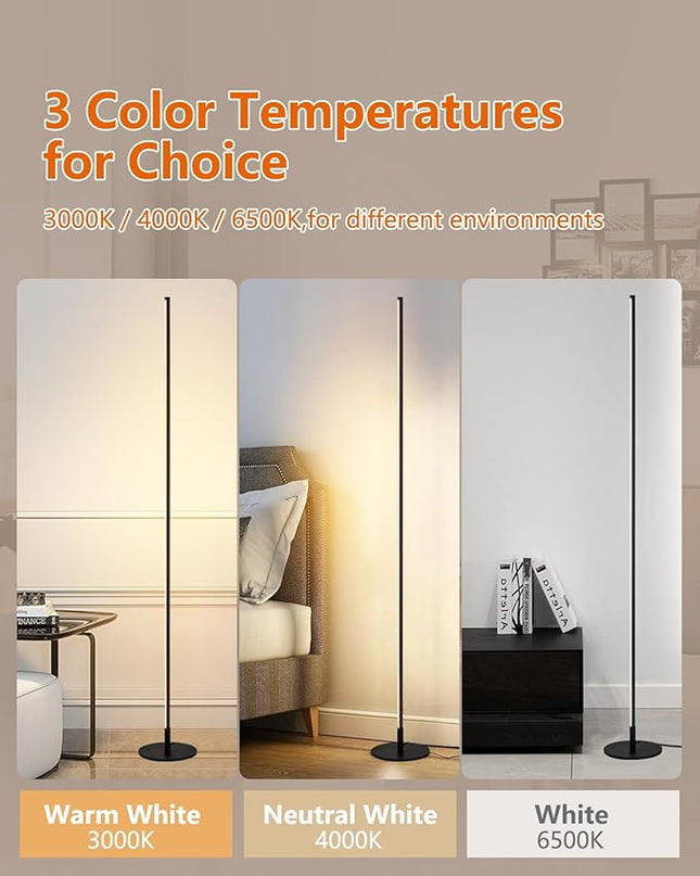 Modern Led Standing Corner Lamp Black Decor Contemporary Metal Floor Lamp for Living Room Bedrooms with Remote & Touch Control - LeafyLoom