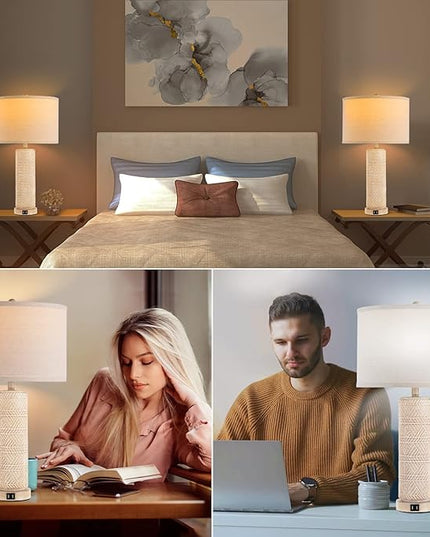 Set of 2 Contemporary Table Lamp, Ceramic Bedside Lamps with 3 Color Temperature, 27.5'' Nightstand Lamp Sets with USB Ports Linen Fabric Shade End Table Lamps for Living Room Bedroom, Bulb Included - LeafyLoom
