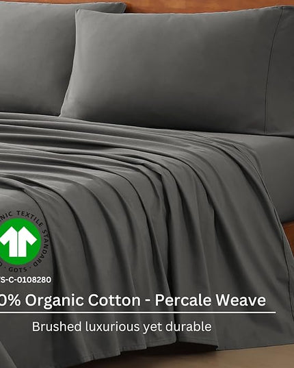 LANE LINEN 100% Organic Cotton Sheets King Size - 4Pc King Sheet Set, Soft Sheets for King Size Sheets, Percale Weave, Hotel Luxury Bed Sheets, 15" King Sheets Deep Pocket, Oeko Tex Sheets - Charcoal - LeafyLoom