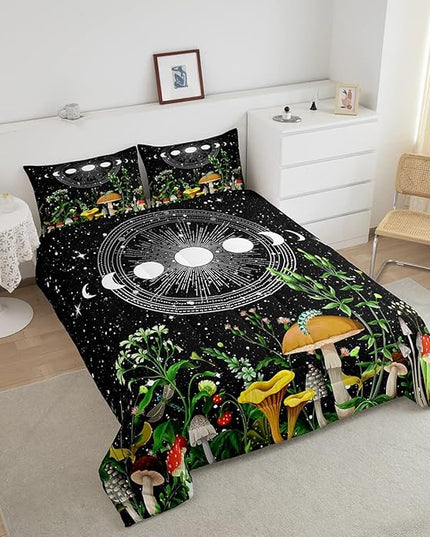 Cute Mushroom Comforter Set Sun and Moon All Season Down Comforter for Kids Boys Girls Teens Trippy Decor Boho Galaxy Constellations Bedding Set Starry Sky Wild Flowers Quilt Set Room Decor Full Size - LeafyLoom