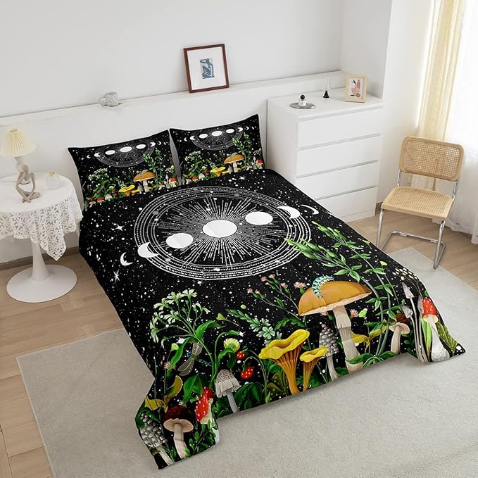 Cute Mushroom Comforter Set Sun and Moon All Season Down Comforter for Kids Boys Girls Teens Trippy Decor Boho Galaxy Constellations Bedding Set Starry Sky Wild Flowers Quilt Set Room Decor Full Size - LeafyLoom