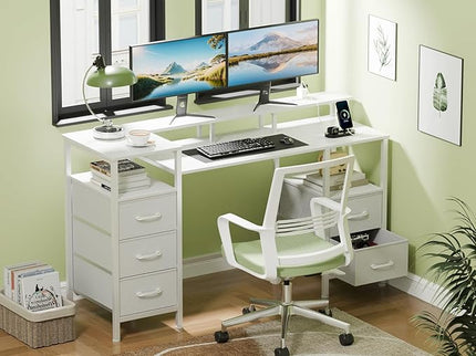 White Computer Desk with Power Outlets & LED Lights, Gaming Desk with 5 Fabric Storage Drawers, 47 Inch Home Office Desk with Monitor Stand Shelves for Working, Modern Vanity Desk for Bedroom - LeafyLoom