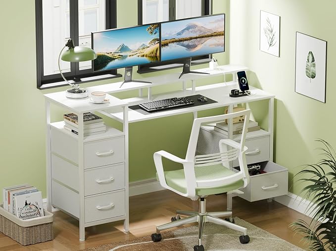 White Computer Desk with Power Outlets & LED Lights, Gaming Desk with 5 Fabric Storage Drawers, 47 Inch Home Office Desk with Monitor Stand Shelves for Working, Modern Vanity Desk for Bedroom - LeafyLoom