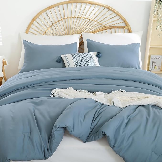 Dusty Blue Comforter California King Comforter Set - 3PCS Grayish Blue Oversized Boho Beddsing Set Soft Fluffy Microfiber Comforter for All Season (1 Comforter, 2 Pillowcases) - LeafyLoom