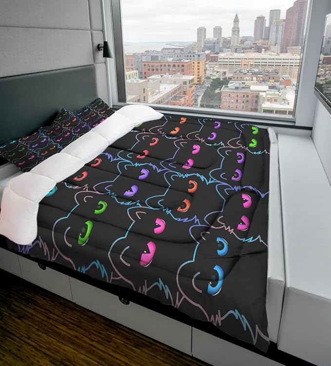 Sunnycitron Cartoon Cat Bedding Queen Comforter set Black Cat Comforter set Gradient Line Cat Quilt 3D Neon Cat Bed set Black Cat Bedding set for Teens Kids Boys Girls Adults - LeafyLoom