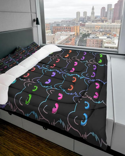 Sunnycitron Cartoon Cat Bedding Cute Cat Comforter Twin Black Cat Comforter set Gradient Line Cat Quilt 3D Neon Cat Bed set Black Cat Bedding set for Teens Kids Boys Girls Adults - LeafyLoom