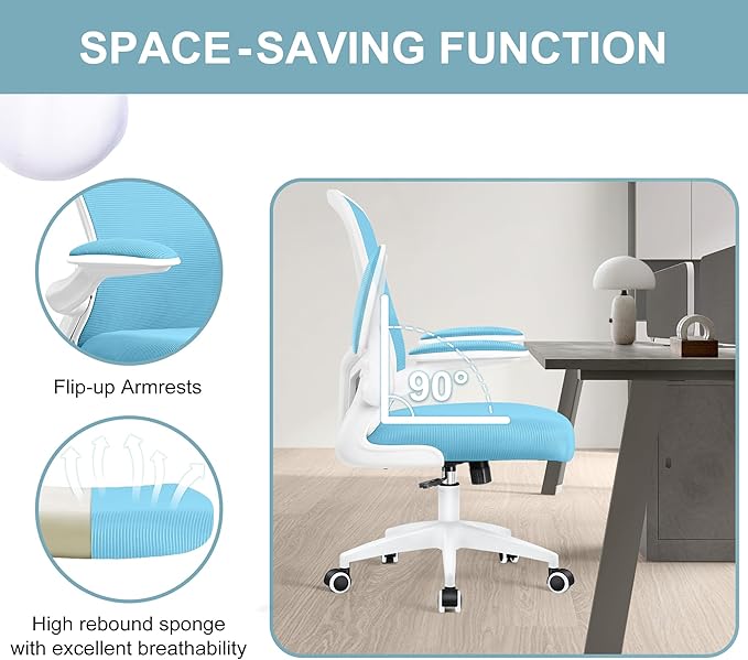 Ergonomic Office Chair, Lumbar Support Desk Chair with Flip-up Armrest and Breathable Mesh, Height Adjustable Swivel Office Chair Blue - LeafyLoom