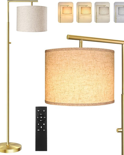 Dimmable Floor Lamp, 4-Color Temperature Modern Standing Lamp with Remote Control & Beige Shade, Tall Pole Floor Lamp for Living Room, Bedroom, Study Room, Office (LED Bulb Included) - Gold - LeafyLoom
