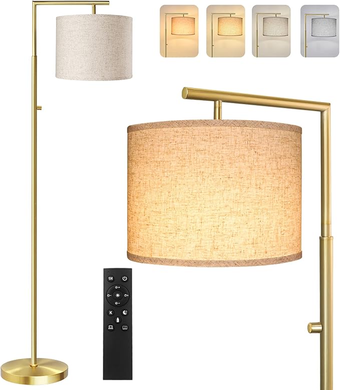 Dimmable Floor Lamp, 4-Color Temperature Modern Standing Lamp with Remote Control & Beige Shade, Tall Pole Floor Lamp for Living Room, Bedroom, Study Room, Office (LED Bulb Included) - Gold - LeafyLoom