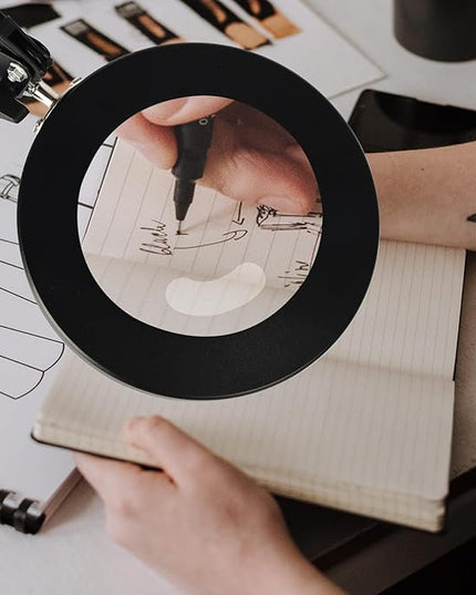 Magnifying Glass with Light and Stand, Stepless Dimming, 3 Color Modes, 10X Magnification, 4.1 Diameter Glass Lens, with Replaceable Weighted Flat Base, C-Clamp Base and Power Adapter - LeafyLoom