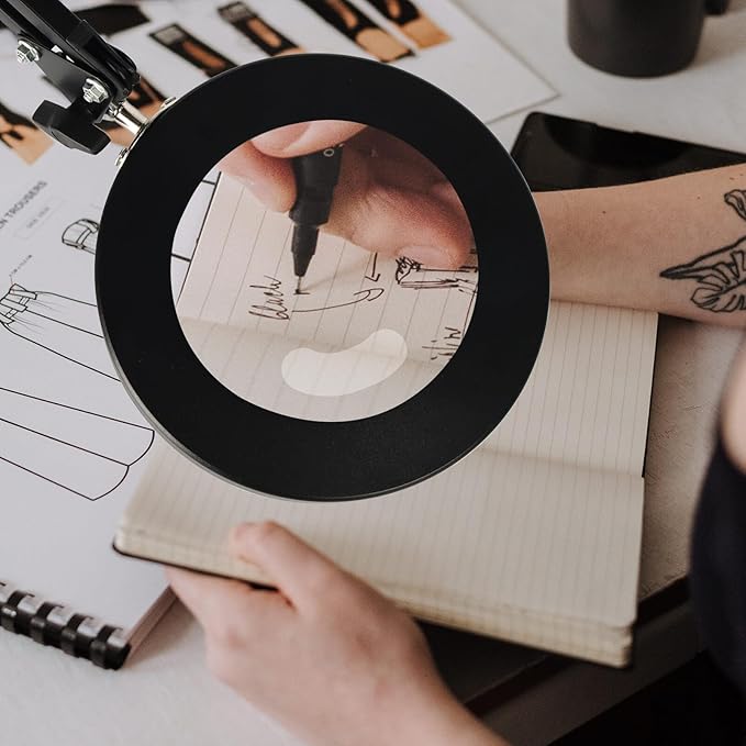 Magnifying Glass with Light and Stand, Stepless Dimming, 3 Color Modes, 10X Magnification, 4.1 Diameter Glass Lens, with Replaceable Weighted Flat Base, C-Clamp Base and Power Adapter - LeafyLoom