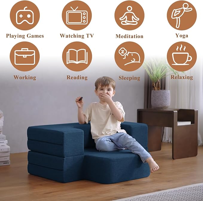 Convertible Folding Sofa - Modern Linen Fabric Coffee Table, Foldable Floor & Futon Couch, with Pillow for Living Room/Dorm/Guest Room/Home Office/Apartment,Single (2 in 1),Navy Blue - LeafyLoom