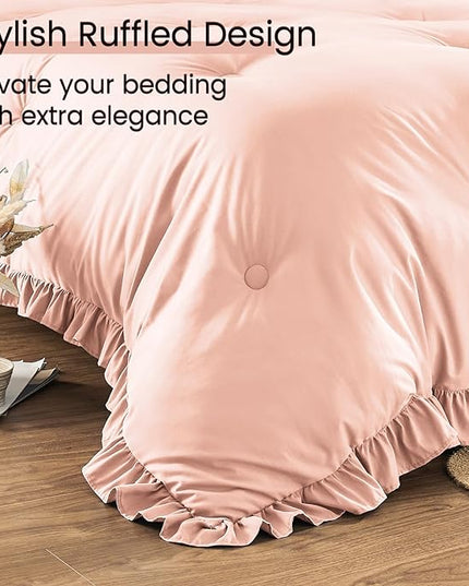 King Size Bed in a Bag 7 Pieces King Size Comforter Set, Ruffle Shabby Chic Bedding Comforter Set Pink Bed Set with Comforter, Pillowcases, Flat Sheet, Fitted Sheet and Pillow Shams - LeafyLoom
