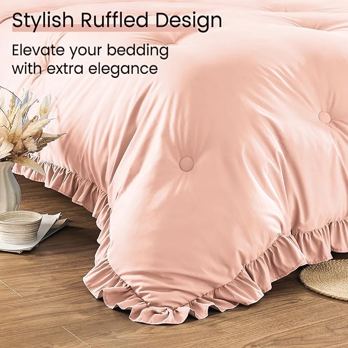 Twin Bed in a Bag 5 Pieces Comforter Set Twin, Ruffle Shabby Chic Bedding Comforter Set Pink Bed Set with Comforter, Pillowcase, Flat Sheet, Fitted Sheet and Pillow Sham - LeafyLoom
