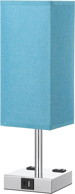 Touch Bedside Table Lamp For Nightstand - 3-Way Dimmable Night Lamp with USB A + Type C Charging Ports and two AC Outlets, Small Desk Light with E26 Bulb for Bedroom Living Room Dorm, Turquoise - LeafyLoom