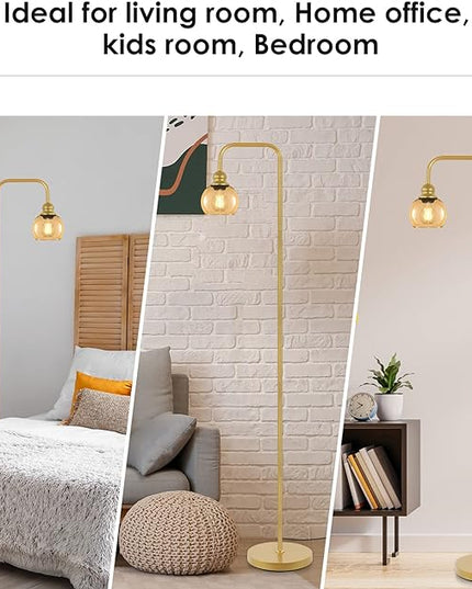 Modern Floor Lamp for Living Room with 6W LED Bulb, Industrial Floor Lamp, Amber Glass, Classic Reading Tall Lamp for Home Office, Standing Lamp for Study, Minimalist, Vintage, Mid Century, Brass Gold - LeafyLoom