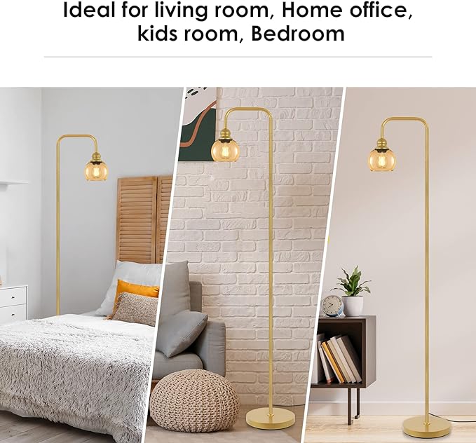 Modern Floor Lamp for Living Room with 6W LED Bulb, Industrial Floor Lamp, Amber Glass, Classic Reading Tall Lamp for Home Office, Standing Lamp for Study, Minimalist, Vintage, Mid Century, Brass Gold - LeafyLoom