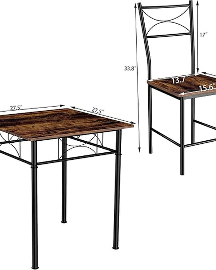 3-Piece Kitchen Dining Room Table Set for Small Spaces，Iron Wood Square Table with 2 Chairs for Kitchen Dining Room Furniture - LeafyLoom