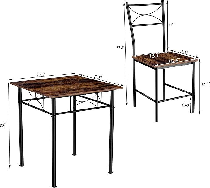 3-Piece Kitchen Dining Room Table Set for Small Spaces，Iron Wood Square Table with 2 Chairs for Kitchen Dining Room Furniture - LeafyLoom