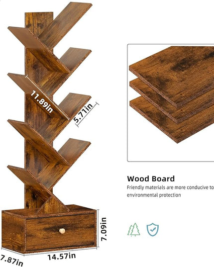 8 Tier Tree Bookshelf with Drawer, Free Standing Wood Bookcase for Narrow Space, Storage Organizer Bookshelves for Books, Book Case for Home Office, Living Room, Bedroom, Rustic Brown - LeafyLoom