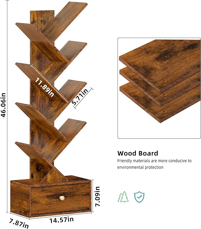 8 Tier Tree Bookshelf with Drawer, Free Standing Wood Bookcase for Narrow Space, Storage Organizer Bookshelves for Books, Book Case for Home Office, Living Room, Bedroom, Rustic Brown - LeafyLoom