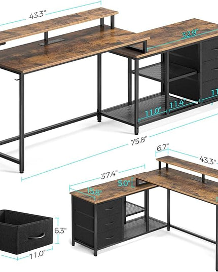 Seventable L Shaped Computer Desk with Drawers, Reversible Gaming Desk with LED Lights & Charging Port, Corner Desk with Storage Shelves & Monitor Stand for Home Office Rustic Brown - LeafyLoom