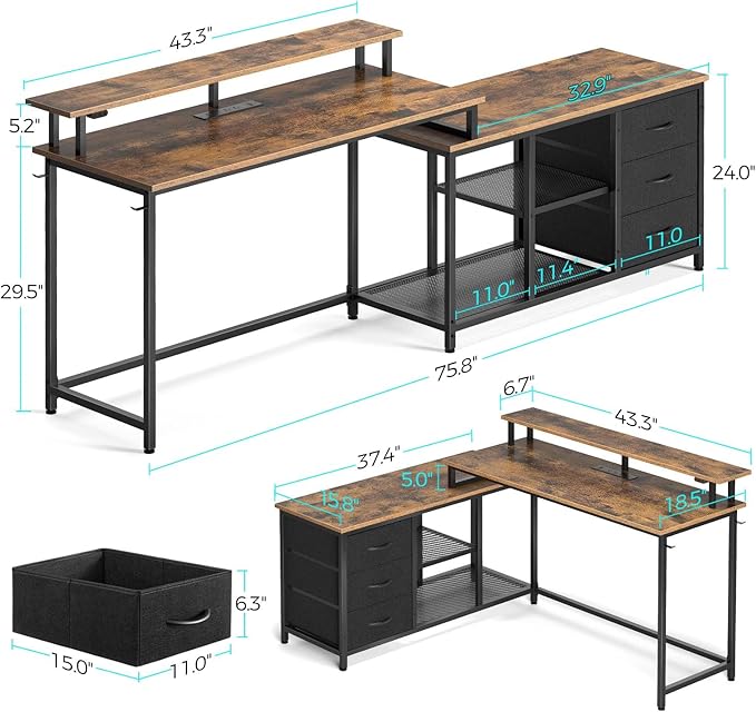 Seventable L Shaped Computer Desk with Drawers, Reversible Gaming Desk with LED Lights & Charging Port, Corner Desk with Storage Shelves & Monitor Stand for Home Office Rustic Brown - LeafyLoom