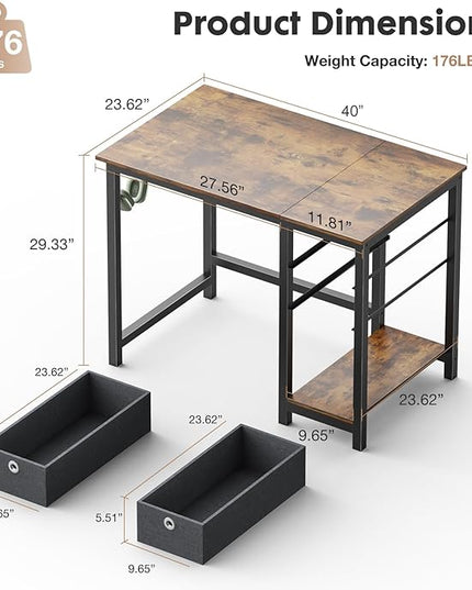 Sweetcrispy Small Computer Desk with Drawers 40 Inch Office Writing Work Kids Study 2-Tier Wood Corner Table with Storage Drawers Shelf for Bedroom Home Office - Rustic Brown - LeafyLoom