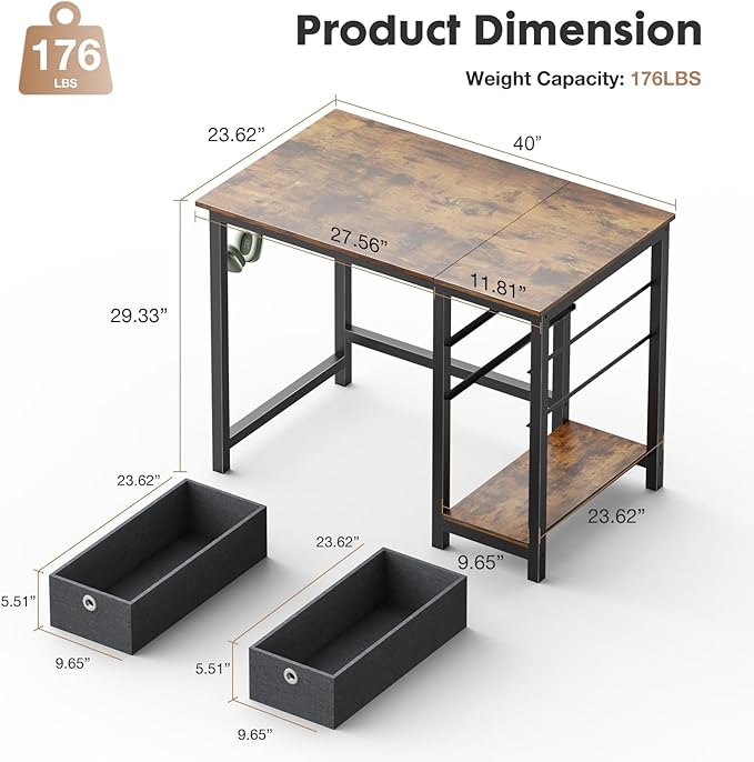Sweetcrispy Small Computer Desk with Drawers 40 Inch Office Writing Work Kids Study 2-Tier Wood Corner Table with Storage Drawers Shelf for Bedroom Home Office - Rustic Brown - LeafyLoom