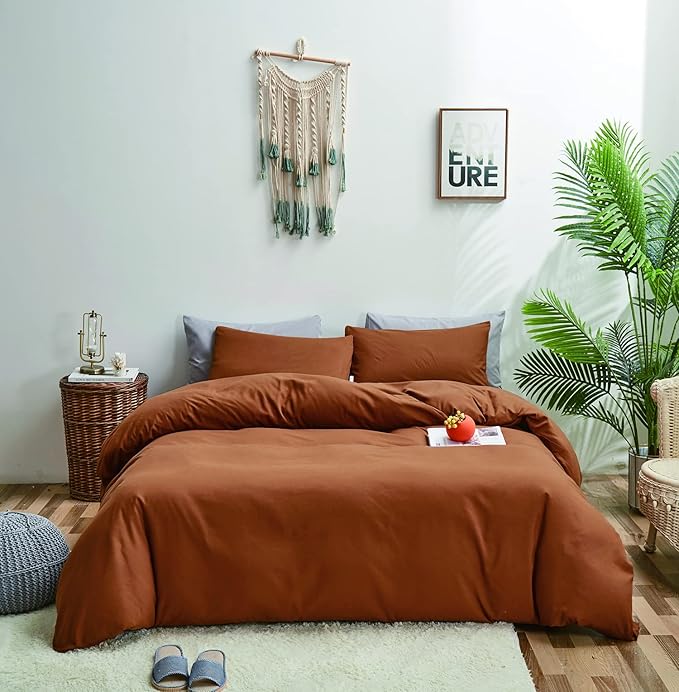 Pumpkin Color Comforter Sets Cinnamon Color Bedding Set King 3 PCs Pumpkin Comforter Sets Women Breathable Soft Burnt Orange Bedroom Collection Solid Rust Color Adults Pumpkin Bedding King - LeafyLoom