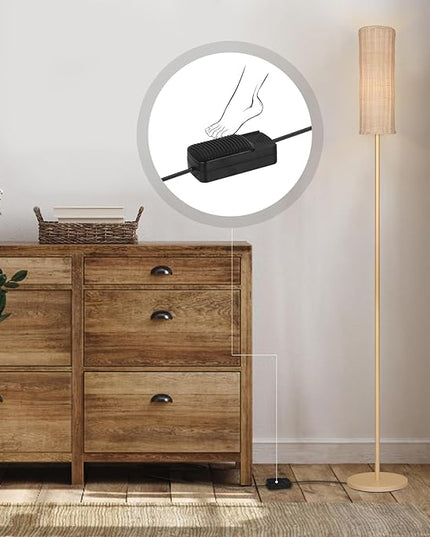 Boho Floor Lamp with Cylindrical Rattan Lampshade, Torchiere lamp for Bedroom, Living Room, Corner Tall Floor Lamp with Dimmable Switch - LeafyLoom