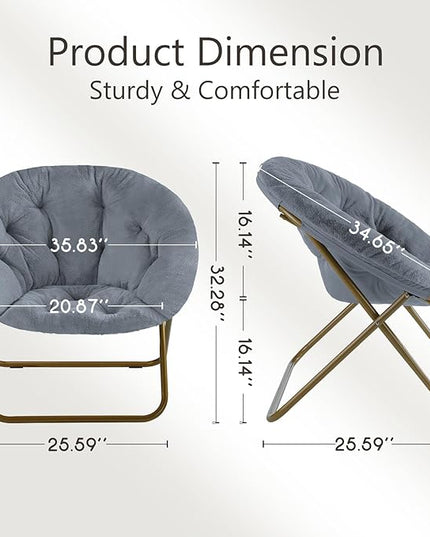 Sweetcrispy Comfy Saucer Chairs, Faux Fur Lounge Chair for Bedroom Living Room Flexible Folding Seat for Kids Teens Adults, Soft Padded and Metal Frame Modern for Home Office, X-Large, Dark Grey - LeafyLoom