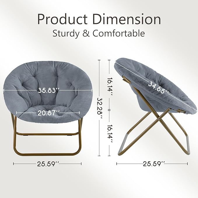 Sweetcrispy Comfy Saucer Chairs, Faux Fur Lounge Chair for Bedroom Living Room Flexible Folding Seat for Kids Teens Adults, Soft Padded and Metal Frame Modern for Home Office, X-Large, Dark Grey - LeafyLoom