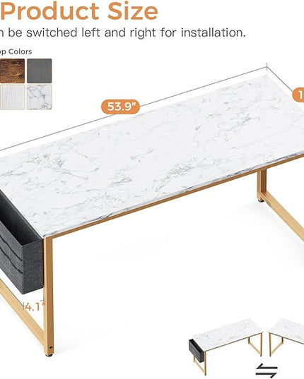 ODK Computer Desk Large Office Desk, 55 Inch Gaming Desk with Storage, Modern PC Desk Work Table with Headphone Hook for Home Office, White Marble + Gold Leg - LeafyLoom