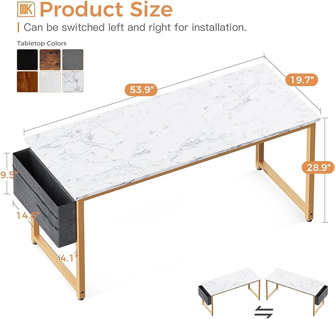 ODK Computer Desk Large Office Desk, 55 Inch Gaming Desk with Storage, Modern PC Desk Work Table with Headphone Hook for Home Office, White Marble + Gold Leg - LeafyLoom
