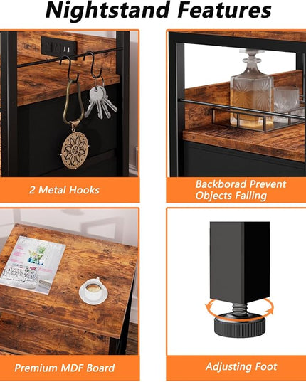 Furologee Nightstand Set of 2, Rustic Brown, with Charging Station and USB Ports, Side Tables with 2 Fabric Drawers, Bedside Tables with Storage Shelf & Hooks, for Living Room/Bedroom - LeafyLoom