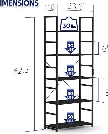 NUMENN 5 Tier Bookshelf, Tall Bookcase Shelf Storage Organizer, Modern Book Shelf for Bedroom, Living Room and Home Office, Black - LeafyLoom