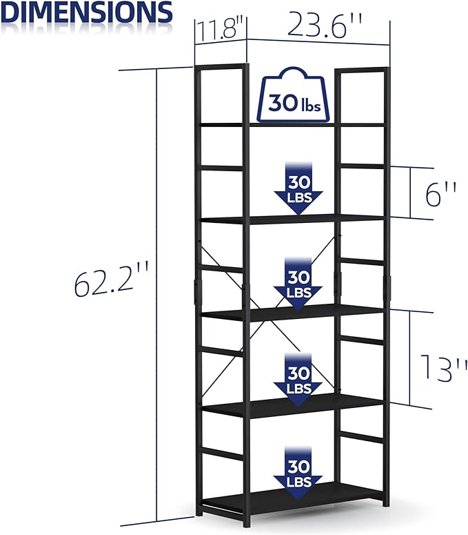 NUMENN 5 Tier Bookshelf, Tall Bookcase Shelf Storage Organizer, Modern Book Shelf for Bedroom, Living Room and Home Office, Black - LeafyLoom