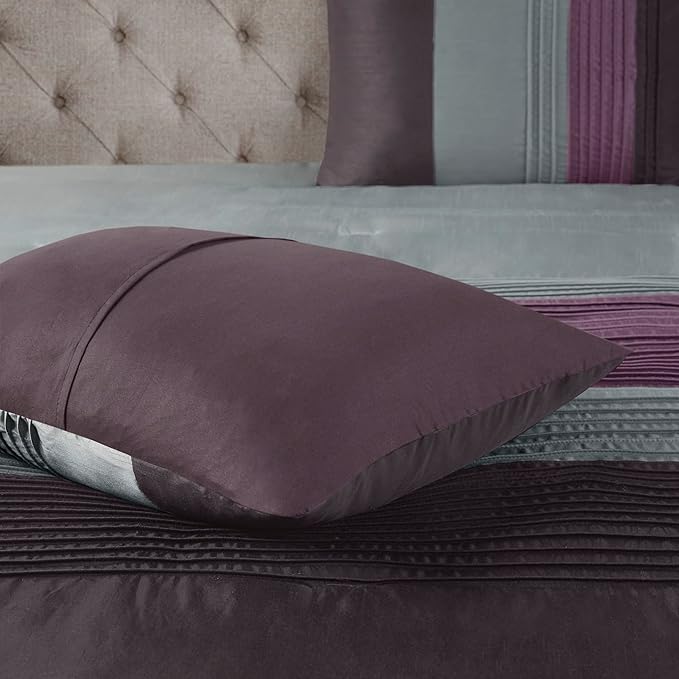 Madison Park Amherst Faux Silk Comforter Set-Casual Contemporary Design All Season Down Alternative Bedding, Matching Shams, Bedskirt, Decorative Pillows, King(104"x92"), Purple, 7 Piece (MP10-127) - LeafyLoom