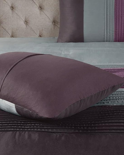 Madison Park Amherst Faux Silk Comforter Set-Casual Contemporary Design All Season Down Alternative Bedding, Matching Shams, Bedskirt, Decorative Pillows, Queen (90 in x 90 in), Purple, 7 Piece - LeafyLoom