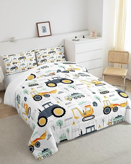 Cartoon Cars Kids Comforter Set Tractor Boys Comforter Cute Excavator Decor Kawaii Soft Bedding Set Cartoon Trees Cars Colorful All Season Quilt Room 3Pcs Full Size Boys - LeafyLoom