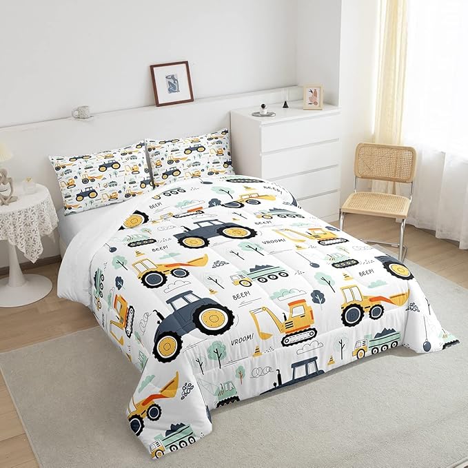 Cartoon Cars Kids Comforter Set Tractor Boys Comforter Cute Excavator Decor Kawaii Soft Bedding Set Cartoon Trees Cars Colorful All Season Quilt Room 3Pcs Full Size Boys - LeafyLoom