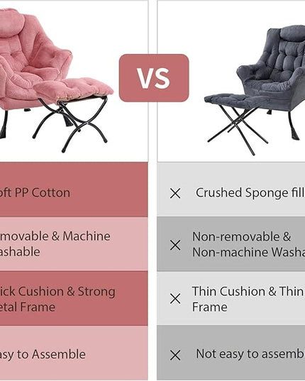 Lazy Chair with Ottoman, Modern Chair with Folding Footrest, Lounge Accent Chair, Comfortable Reading Chair (Plush Dark Pink) - LeafyLoom
