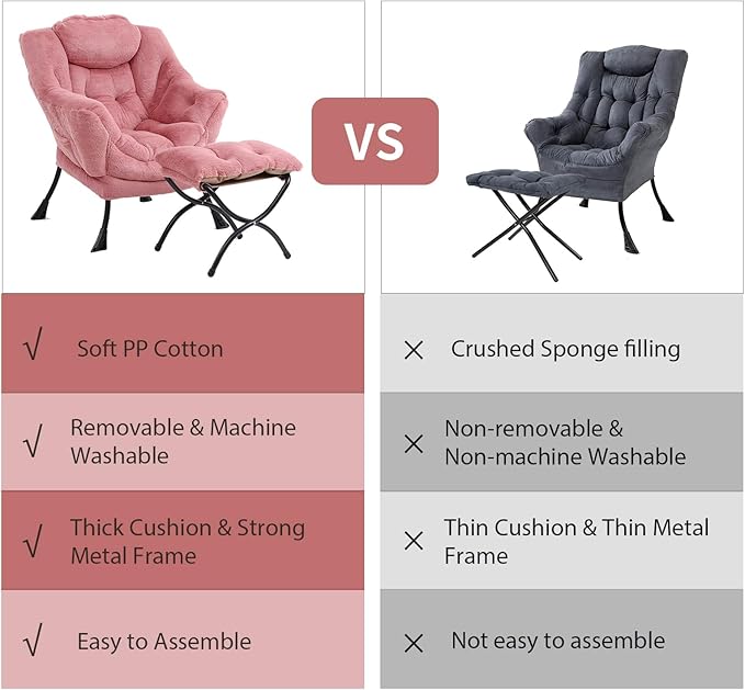 Lazy Chair with Ottoman, Modern Chair with Folding Footrest, Lounge Accent Chair, Comfortable Reading Chair (Plush Dark Pink) - LeafyLoom