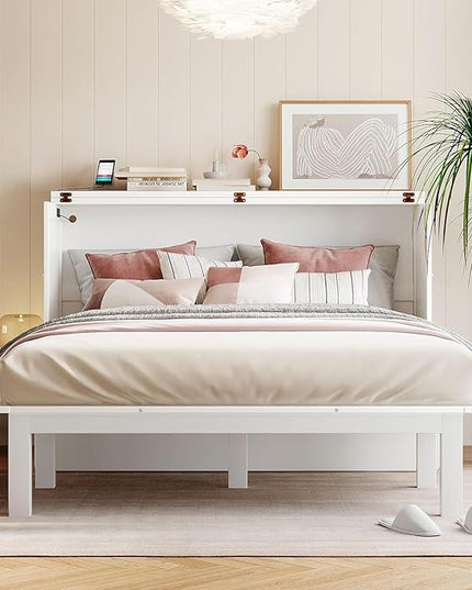 Queen Size Murphy Bed with Removable Shelves for Adults,Wood Platform Bedframe w/USB Port, Can Change into Cabinet, Save Space Design, for Bedroom, Apartments, White - LeafyLoom
