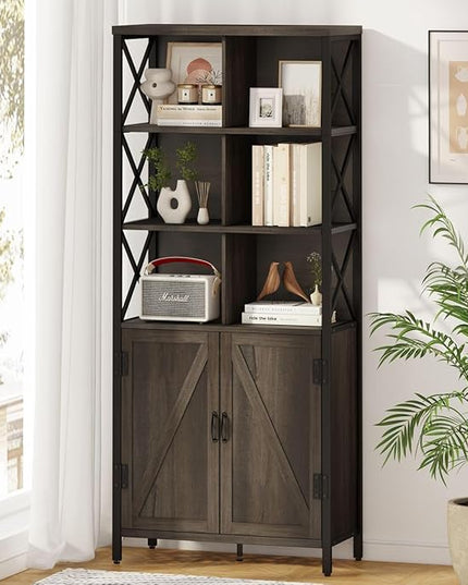 FATORRI Bookshelf with Doors, Rustic Wood Bookcase with Cabinet, Industrial Tall Cubby Book Shelf and Cube Organizer Shelf for Living Room (Walnut Brown) - LeafyLoom
