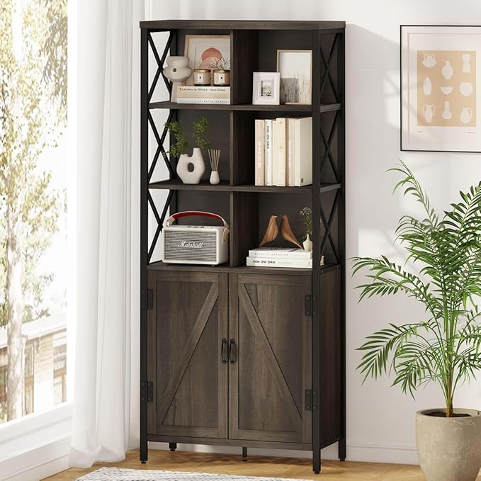 FATORRI Bookshelf with Doors, Rustic Wood Bookcase with Cabinet, Industrial Tall Cubby Book Shelf and Cube Organizer Shelf for Living Room (Walnut Brown) - LeafyLoom