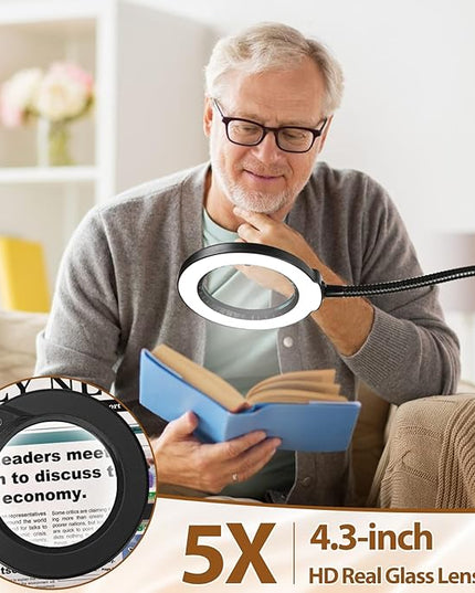 5X Magnifying Glass with Light and Stand, Krstlv 24" Flexible Gooseneck Magnifying Floor Lamp, 3-in-1 LED 5 Color Modes Stepless Dimmable Lighted Magnifier Hands Free for Close Work, Hobby, Esthetican - LeafyLoom