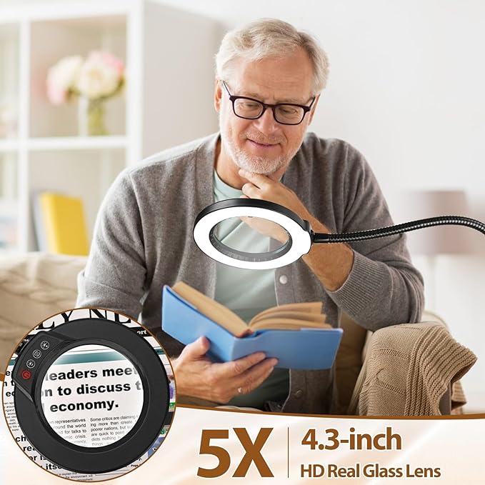 5X Magnifying Glass with Light and Stand, Krstlv 24" Flexible Gooseneck Magnifying Floor Lamp, 3-in-1 LED 5 Color Modes Stepless Dimmable Lighted Magnifier Hands Free for Close Work, Hobby, Esthetican - LeafyLoom